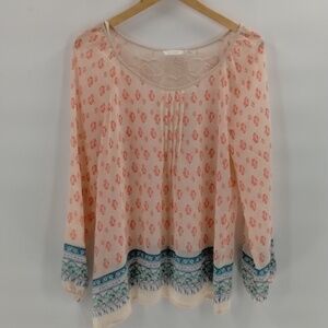 Blu Pepper sheer pin tucked front size large blouse coral cream & green flowy